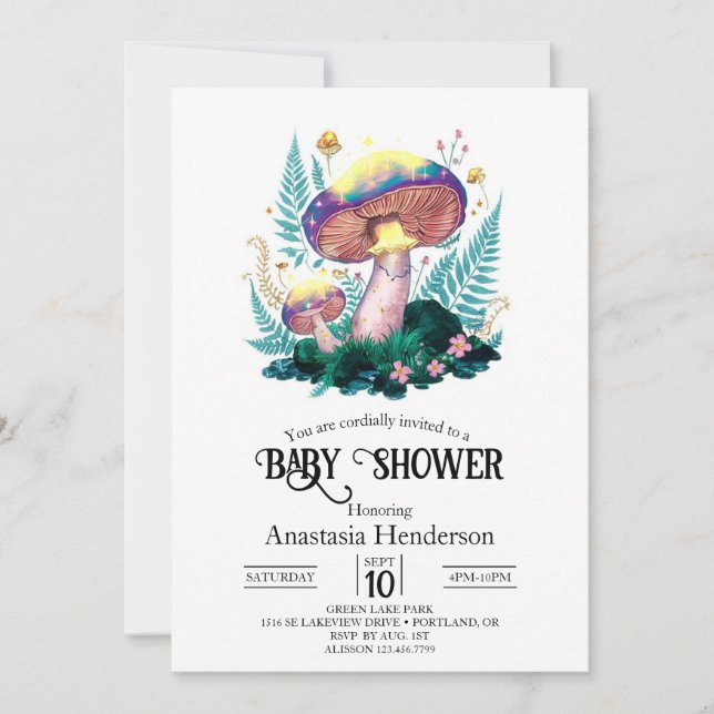 Invitation Baby shower mystique de champignons magiques (Devant)