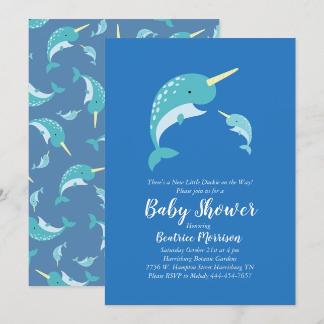 Invitation Baby shower Narwhal Blue Boy Whale (Devant / Derrière)