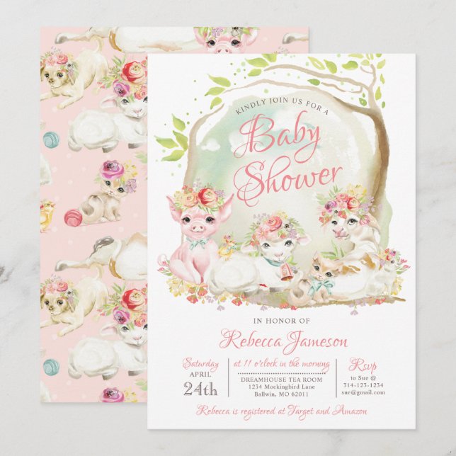 Invitation Baby shower national des animaux de ferme (Devant / Derrière)