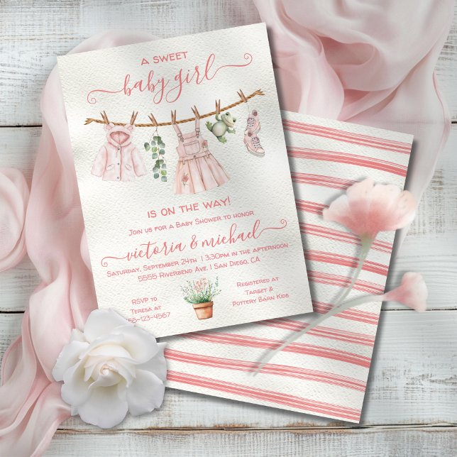 Invitation Baby shower naturel Boho rose Fille Clothesline (Créateur téléchargé)
