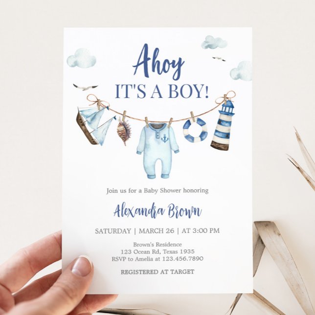 Invitation Baby shower Nautical Ahoy (Nautical Ahoy Clothesline Baby Shower Invitation)