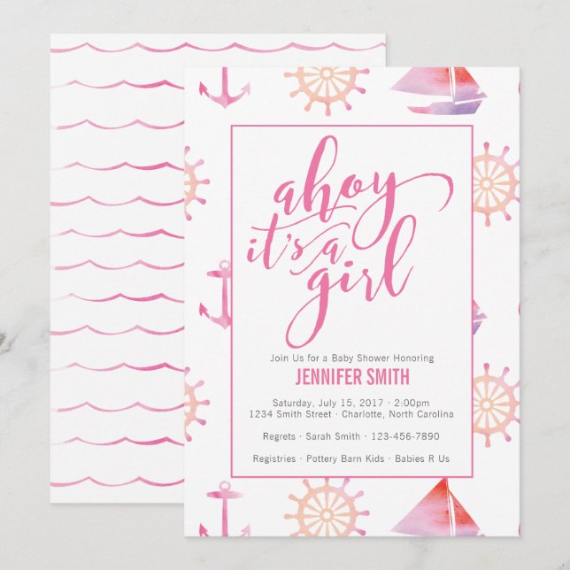 Invitation Baby shower Nautical Girl (Devant / Derrière)
