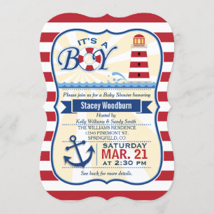 Invitation Baby shower Nautical Red & White Lighthouse Boy