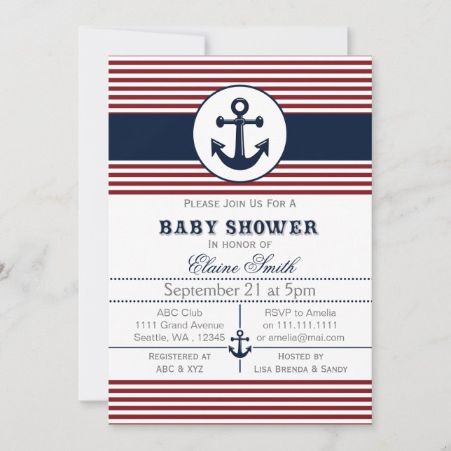 Invitation baby shower nautique à ancre bleue (Devant)