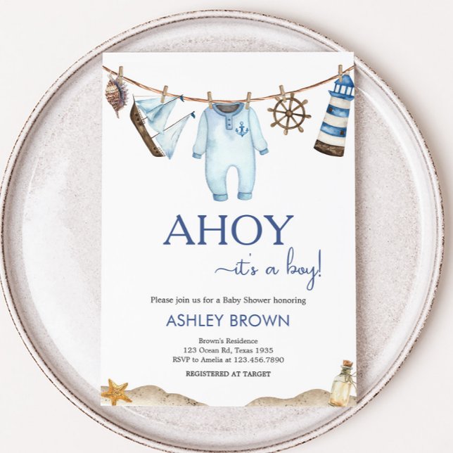 Invitation Baby shower nautique Ahoy (Nautical Sailor Ahoy Clothesline Baby Shower Invitation)