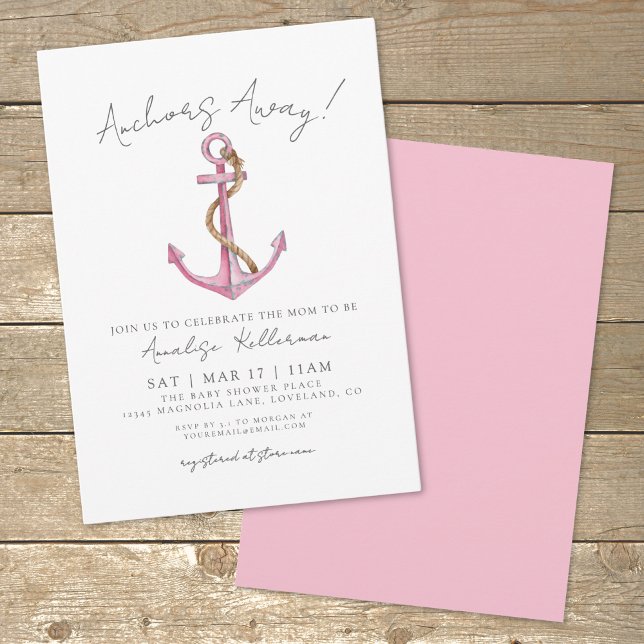 Invitation Baby shower nautique Ancre rose (Pink Anchor Nautical Baby Shower Invitation)