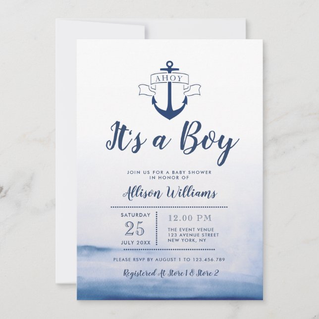 Invitation baby shower nautique bleu aquarelle (Devant)