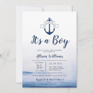 Invitation baby shower nautique bleu aquarelle