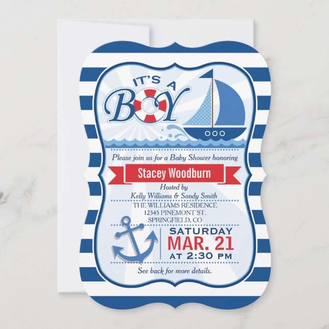 Invitation Baby shower nautique ; Bleu & Blancs (Devant)