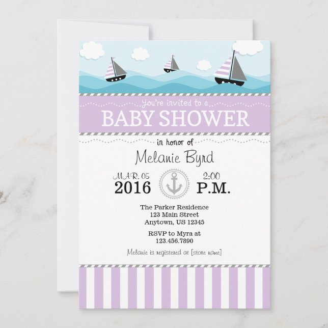 Invitation Baby shower Nautique Bleu Lavande (Devant)