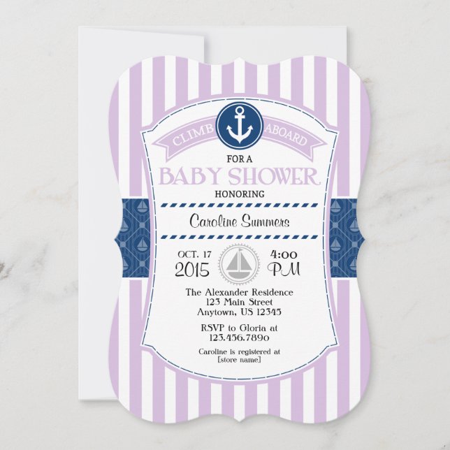 Invitation Baby shower Nautique Bleu Lavande (Devant)