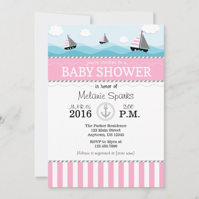 Invitation Baby shower Nautique Bleu Rose (Devant)