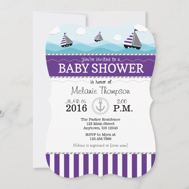Invitation Baby shower Nautique Bleu Violet (Devant)