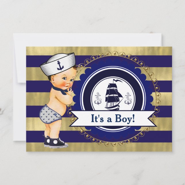 Invitation Baby shower nautique Blue et Gold Sailor (Devant)