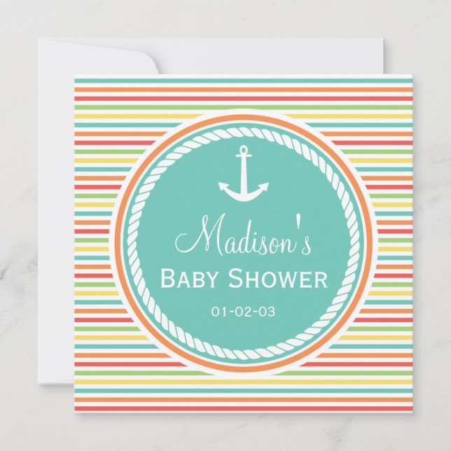 Invitation Baby shower Nautique, Bright Rainbow Stripes (Devant)