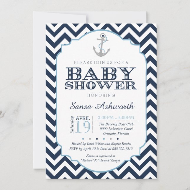 Invitation Baby shower nautique, Chevron bleu garç (Devant)