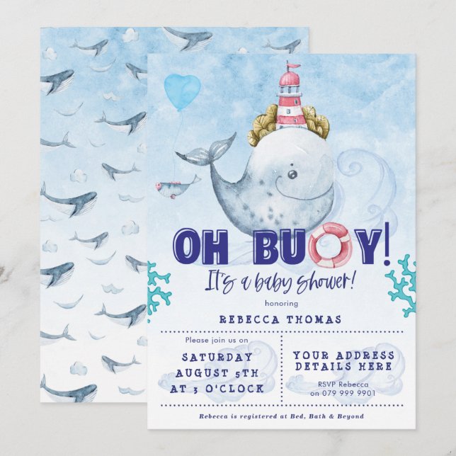 Invitation baby shower nautique de baleine garçon (Devant / Derrière)