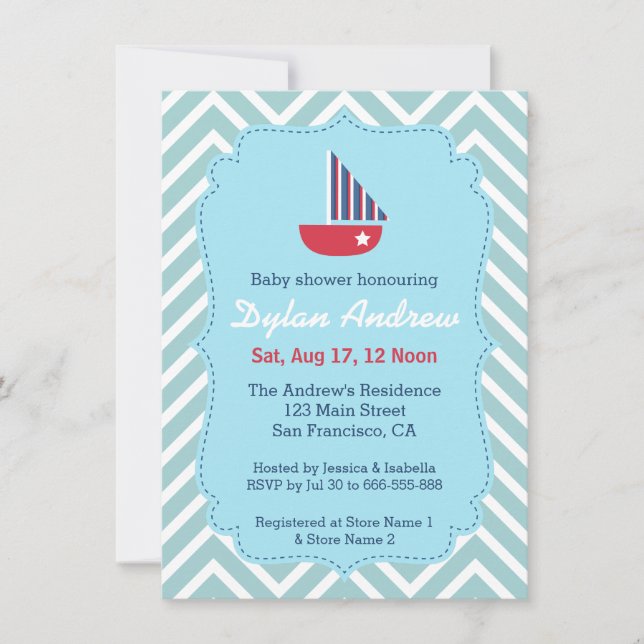 Invitation Baby shower nautique de voilier, Chevron bleu (Devant)