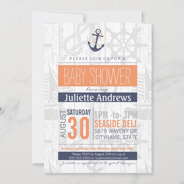 Invitation Baby shower nautique Invitation, Garçon bleu orang (Devant)