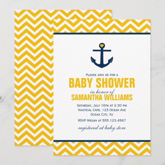 Invitation Baby shower nautique jaune (Devant / Derrière)