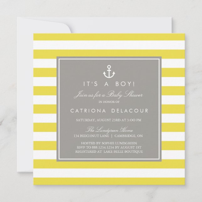 Invitation Baby shower nautique jaune et gris (Devant)