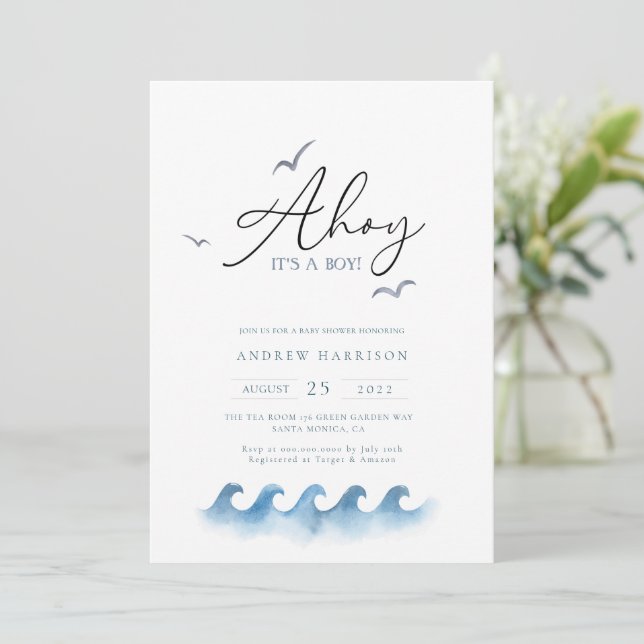 Invitation Baby shower nautique minimal Ahoy Boy's (Debout devant)