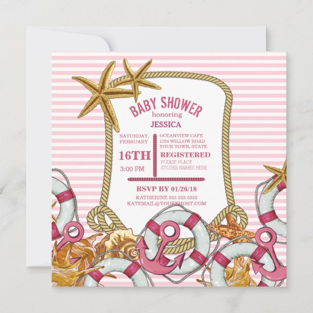 Invitation Baby shower Nautique moderne pour filles (Devant)