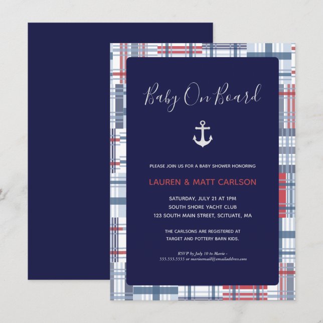 Invitation Baby shower - Nautique, Preppy, Marine (Devant / Derrière)