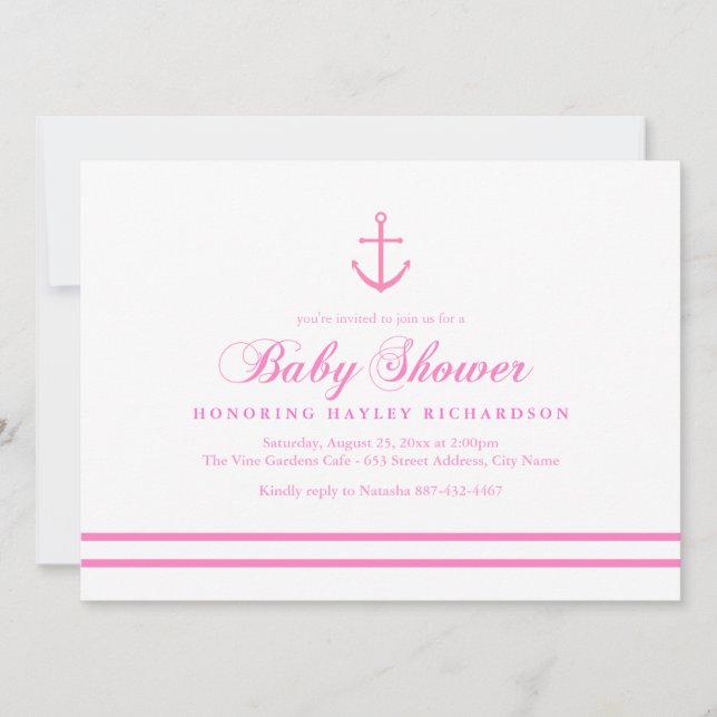 Invitation Baby shower nautique rose et blanc (Devant)
