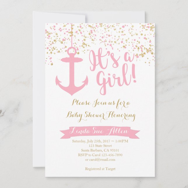 Invitation Baby shower nautique - rose et or (Devant)