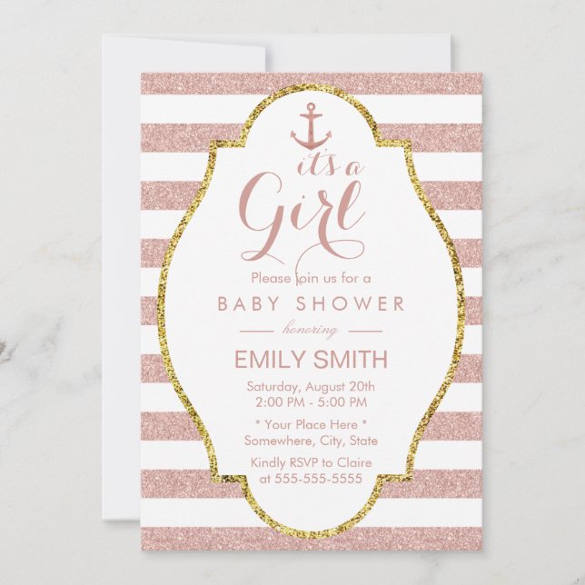 Invitation Baby shower Nautique Rose Gold Stripes (Devant)
