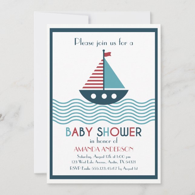 Invitation Baby shower nautique rouge et bleu (Devant)