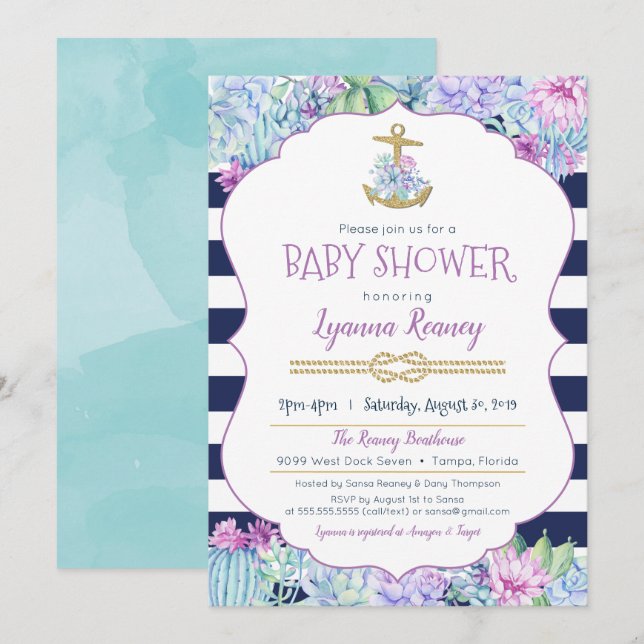 Invitation Baby shower nautique Succulents Marine Blue Lavend (Devant / Derrière)