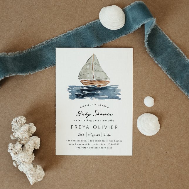 Invitation Baby shower nautique Watercolor (Blue nautical watercolor sailboat modern baby shower invitation.)