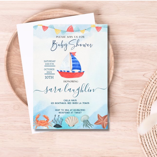 Invitation Baby shower nautique Watercolor Boat (Boat Nautical Baby Shower Invite)