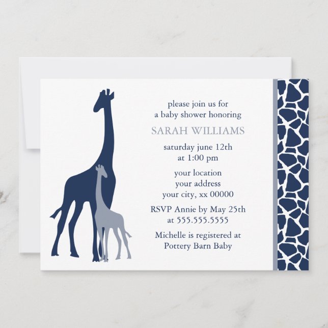 Invitation Baby shower Navy Blue Mom and Baby Giraffe (Devant)