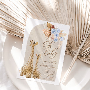 Invitation Baby shower Neutral Blue Pampas Grass Giraffe