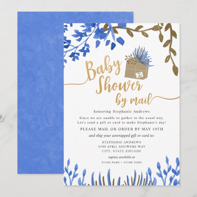 Invitation Baby shower Neutre Botanique Bleu Or par la poste (Devant / Derrière)