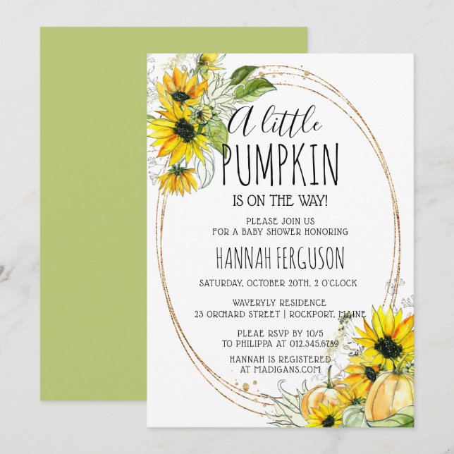 Invitation Baby shower neutre Citrouille de tournesol (Devant / Derrière)