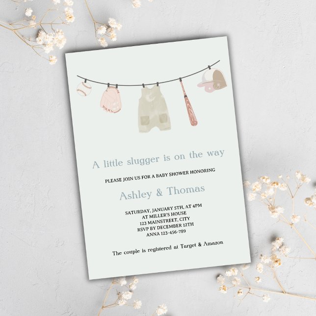 Invitation Baby shower neutre de baseball Little Slugger (little slugger on the way baseball baby shower invitation gender neutral cute sports baby shower)