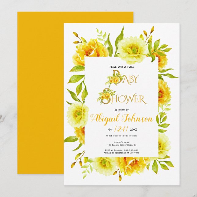Invitation Baby shower neutre de fleurs d'aquarelle jaune (Devant / Derrière)