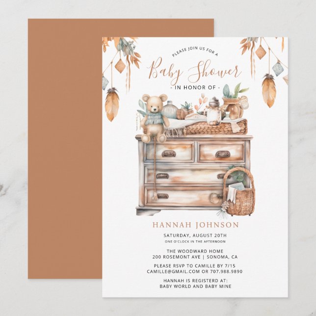 Invitation Baby shower neutre de genre Boho (Devant / Derrière)