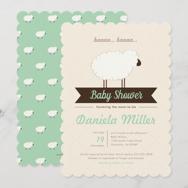Invitation Baby shower neutre de genre Mint Little Lamb (Devant / Derrière)