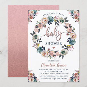Invitation Baby shower neutre de la couronne florale rose de 