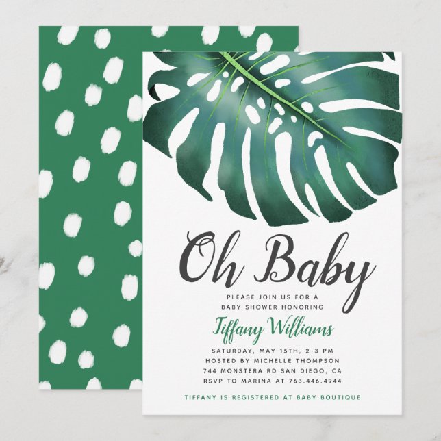 Invitation Baby shower neutre de la feuille de monstère tropi (Devant / Derrière)