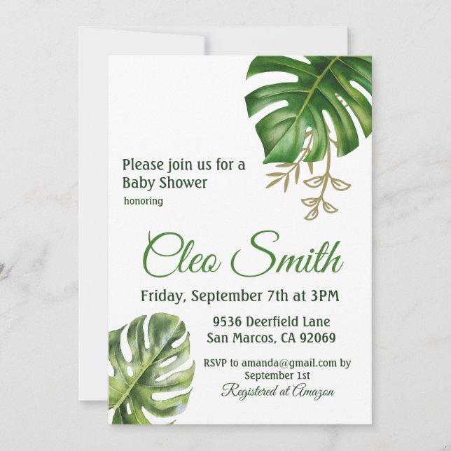 Invitation Baby shower neutre de la feuille tropicale moderne (Devant)