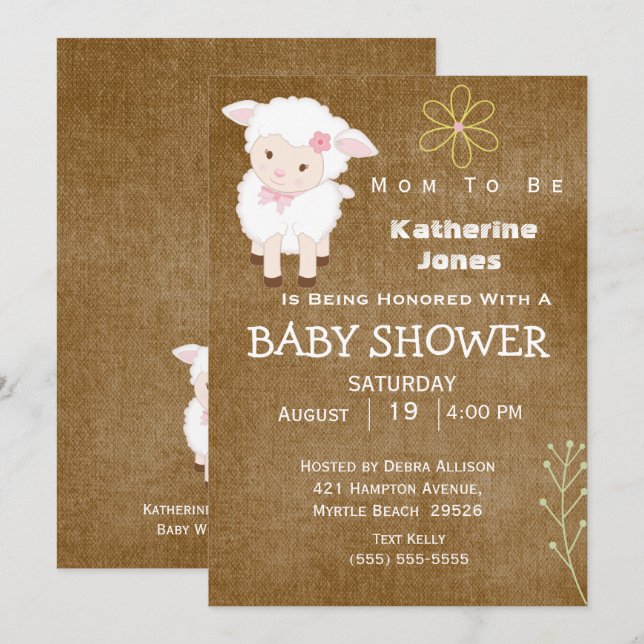 Invitation Baby shower neutre de l'agneau mignon (Devant / Derrière)