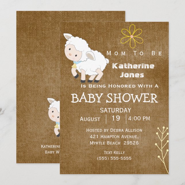 Invitation Baby shower neutre de l'agneau mignon (Devant / Derrière)