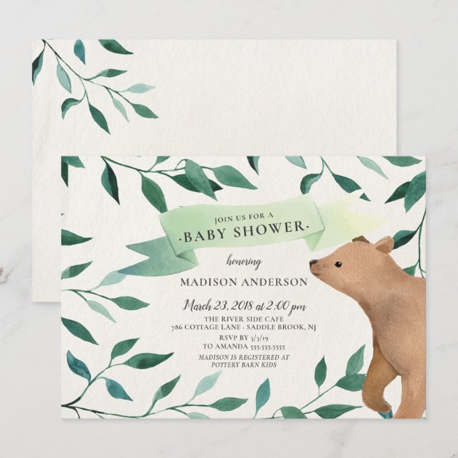 Invitation Baby shower neutre de l'ours des bois (Devant / Derrière)