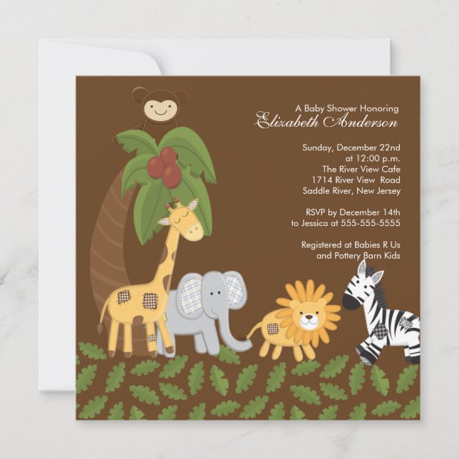 Invitation Baby shower neutre des animaux de Jungle Safari (Devant)